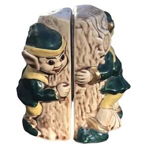 Vintage Elves Salt & Pepper Shakers Napkin Holder Peeking Christmas Holiday ￼